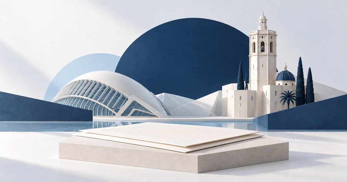 Ilustración de arquitectura inspirada en Valencia y documentos jurídicos, en azul marino y blanco