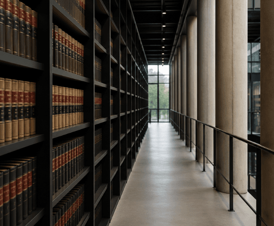 Pasillo de biblioteca jurídica con estanterías de tomos legales, evocando el marco normativo aplicable a los MASC y a la Ley Orgánica 1/2025.