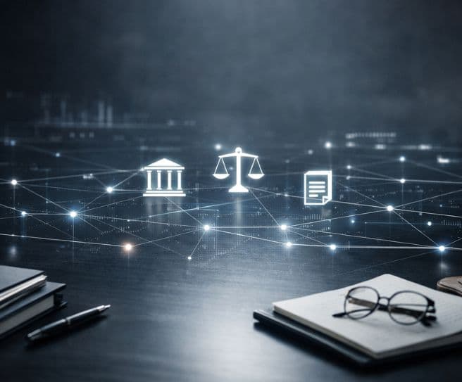Escritorio con material de trabajo y, en primer plano digital, red conectada con iconos de justicia, tribunal y documento: legal tradicional y operativa tecnológica.